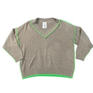 COLLUSION Women's Oversized V-Neck Knit Sweater with Neon Green Trim Size S